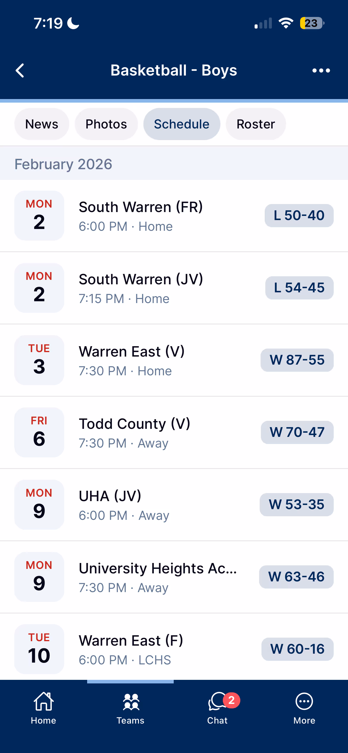 Schedules and Results in the Ballfrog app