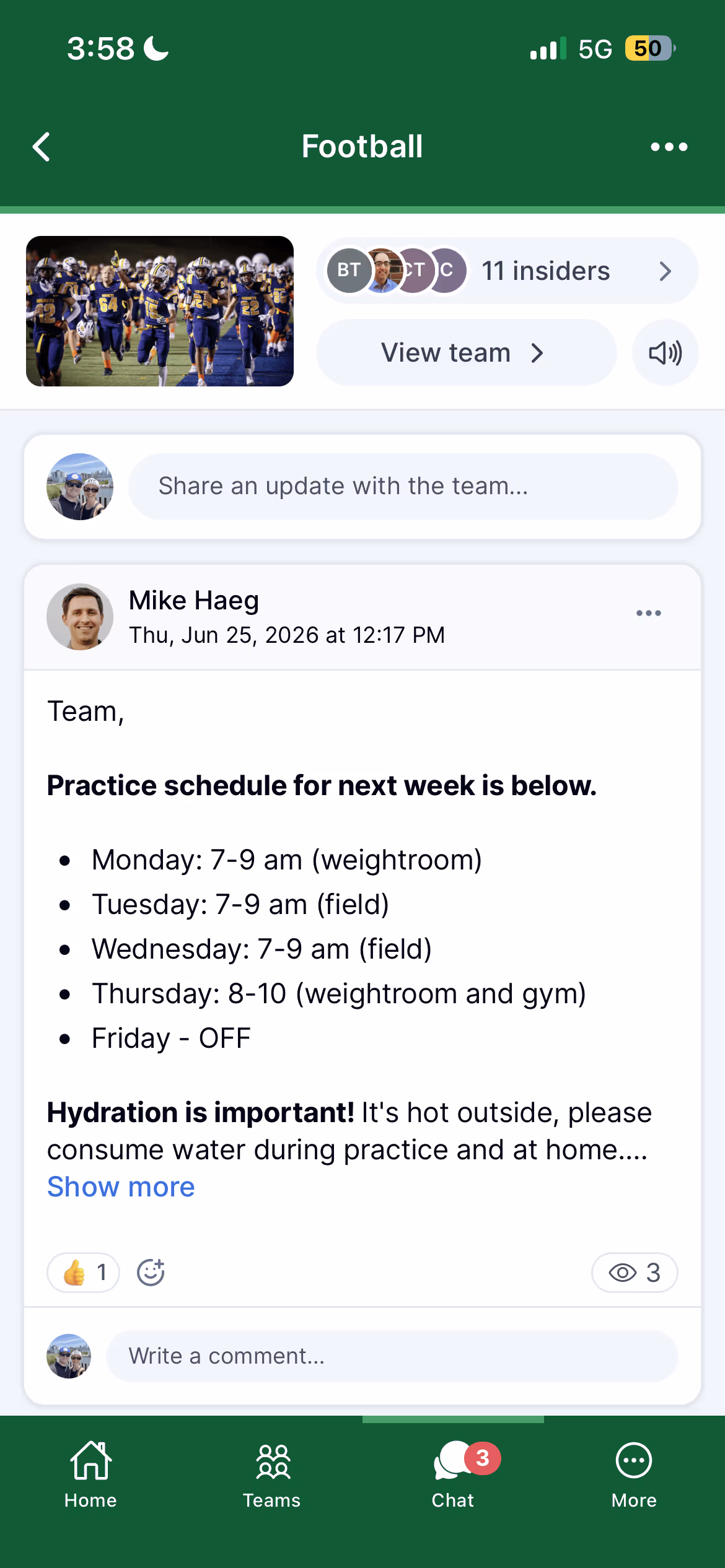 The Ballfrog app showing a Football team update — a coach posts next week's practice schedule with reactions and view counts