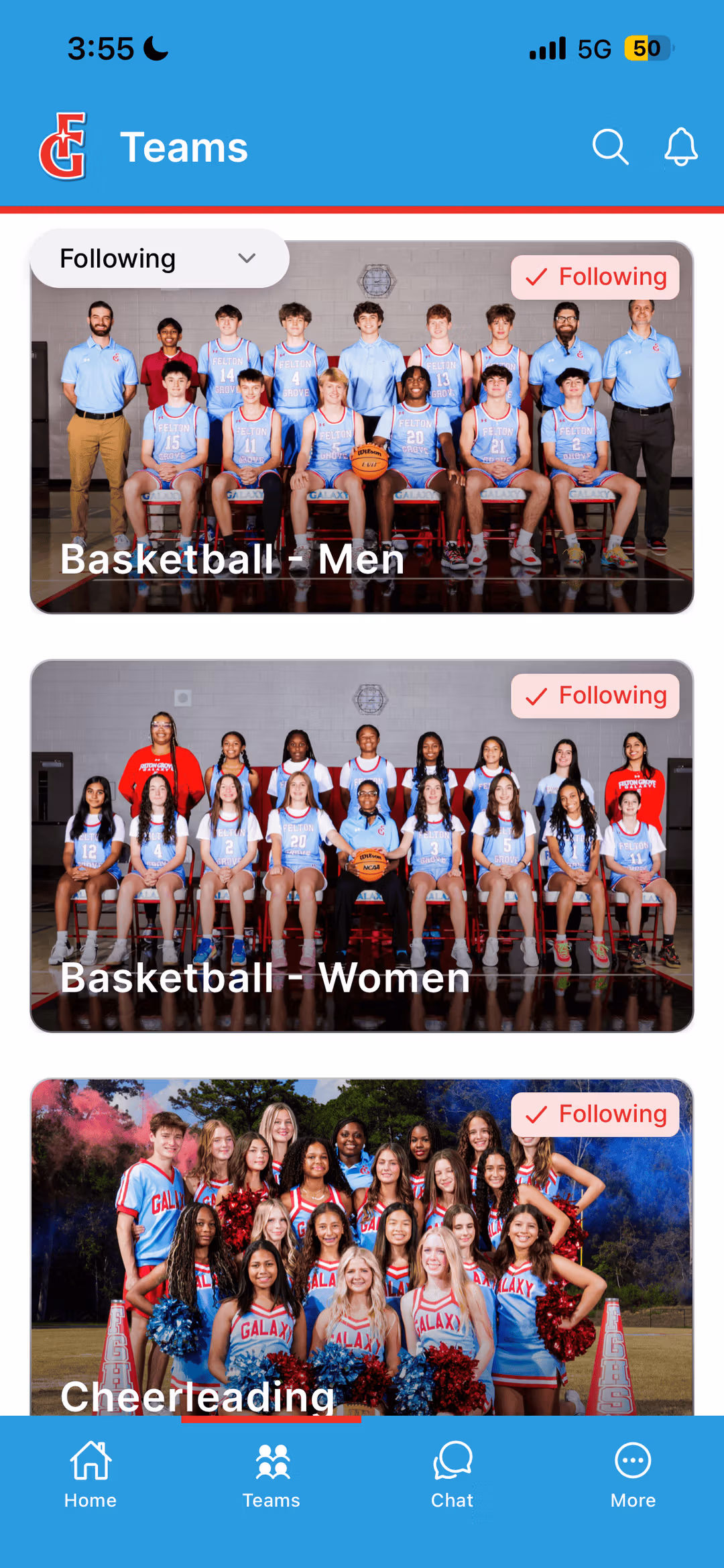 The Ballfrog app showing the Felton Grove Galaxy teams list — basketball and cheerleading team photos, each one followed