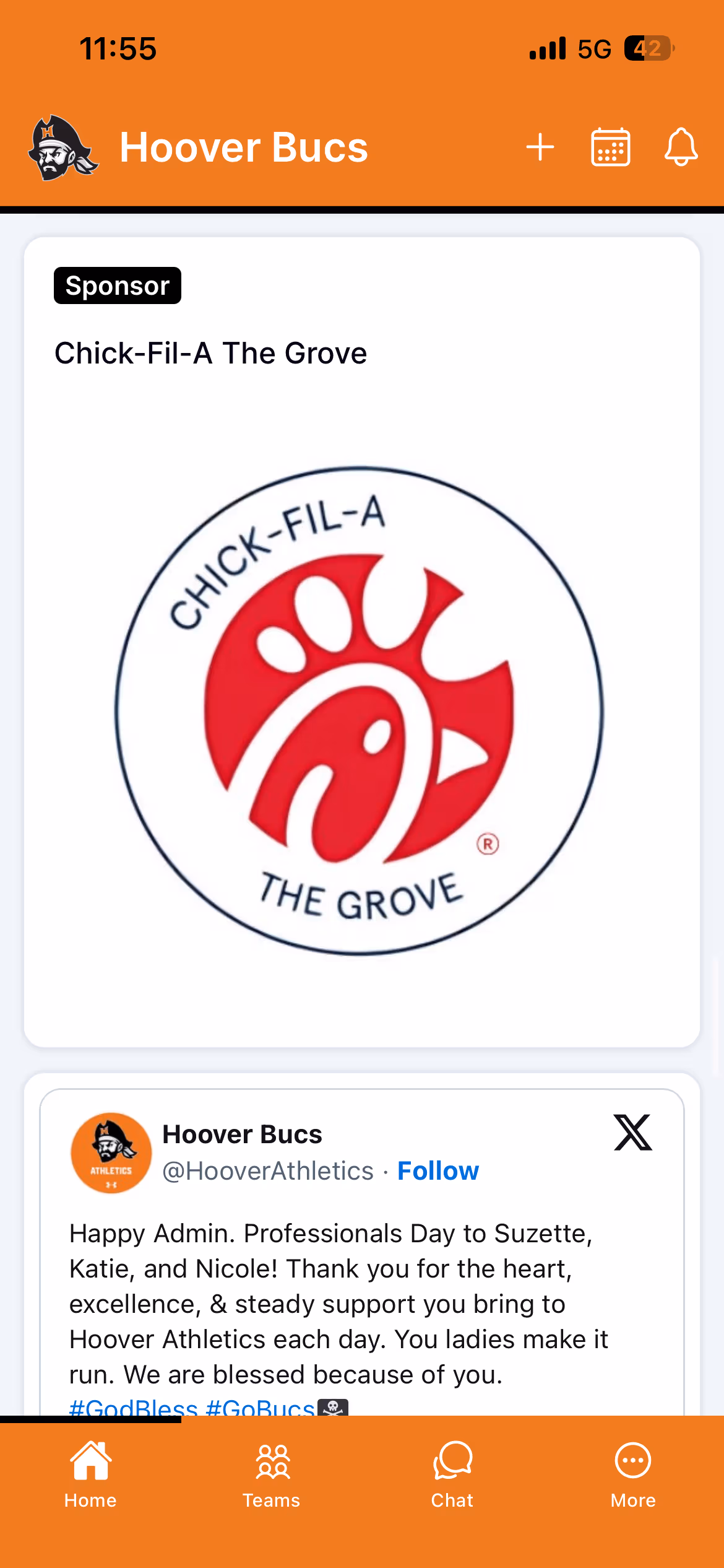 A sponsor placement in the Ballfrog app — Chick-fil-A The Grove featured in the Hoover Bucs feed.