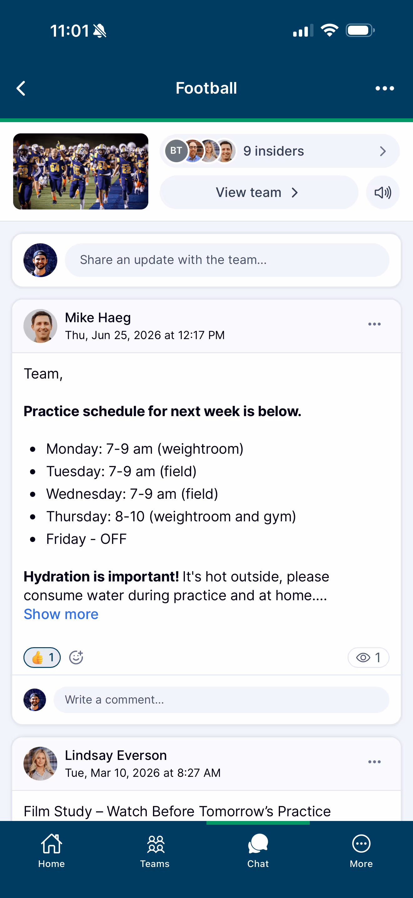 A team update in the Ballfrog app — a coach posts next week's practice schedule to the Football team, with reactions and a comment box, so the whole team sees it in one place.