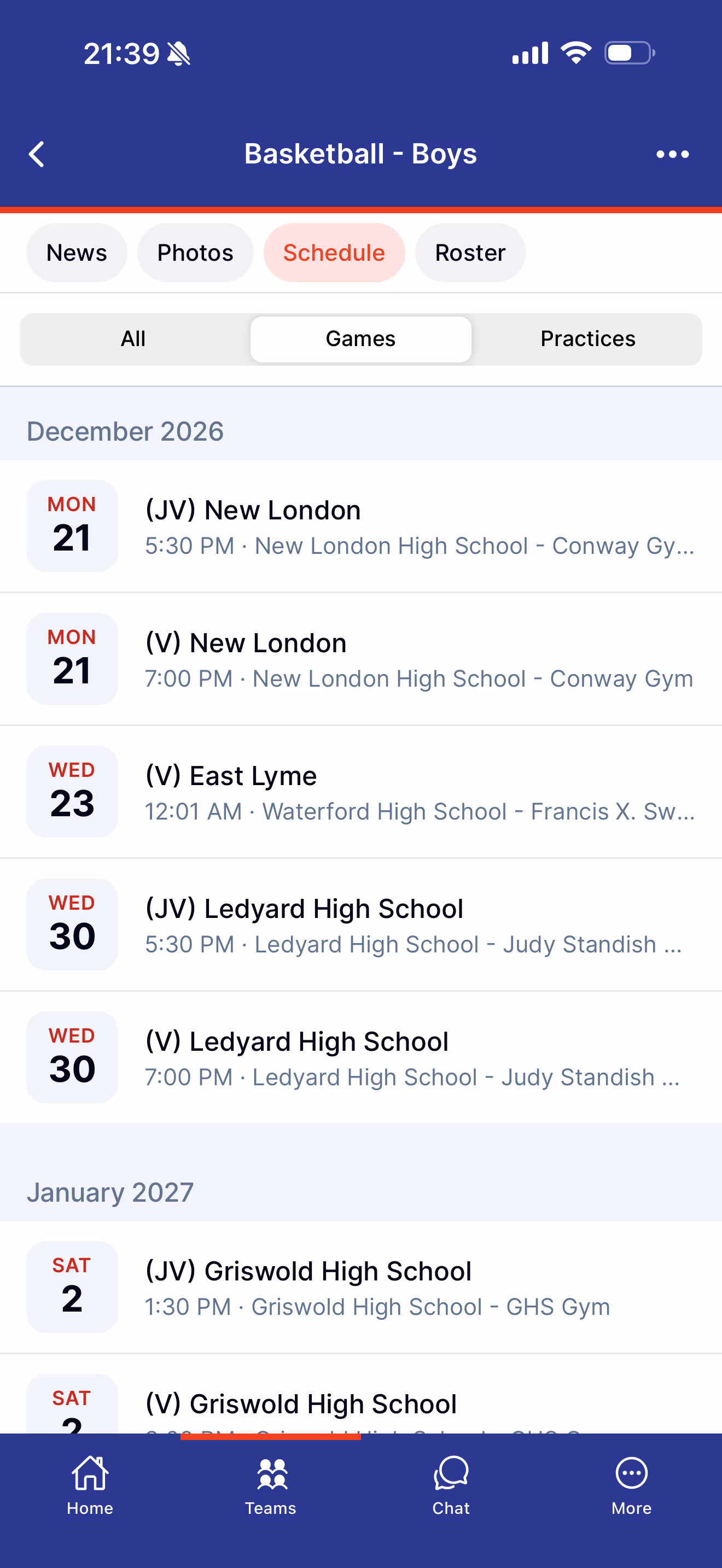 The same games pulled into the Ballfrog app — a Basketball schedule with each opponent, date, time, and venue, synced from the school's existing schedule source.