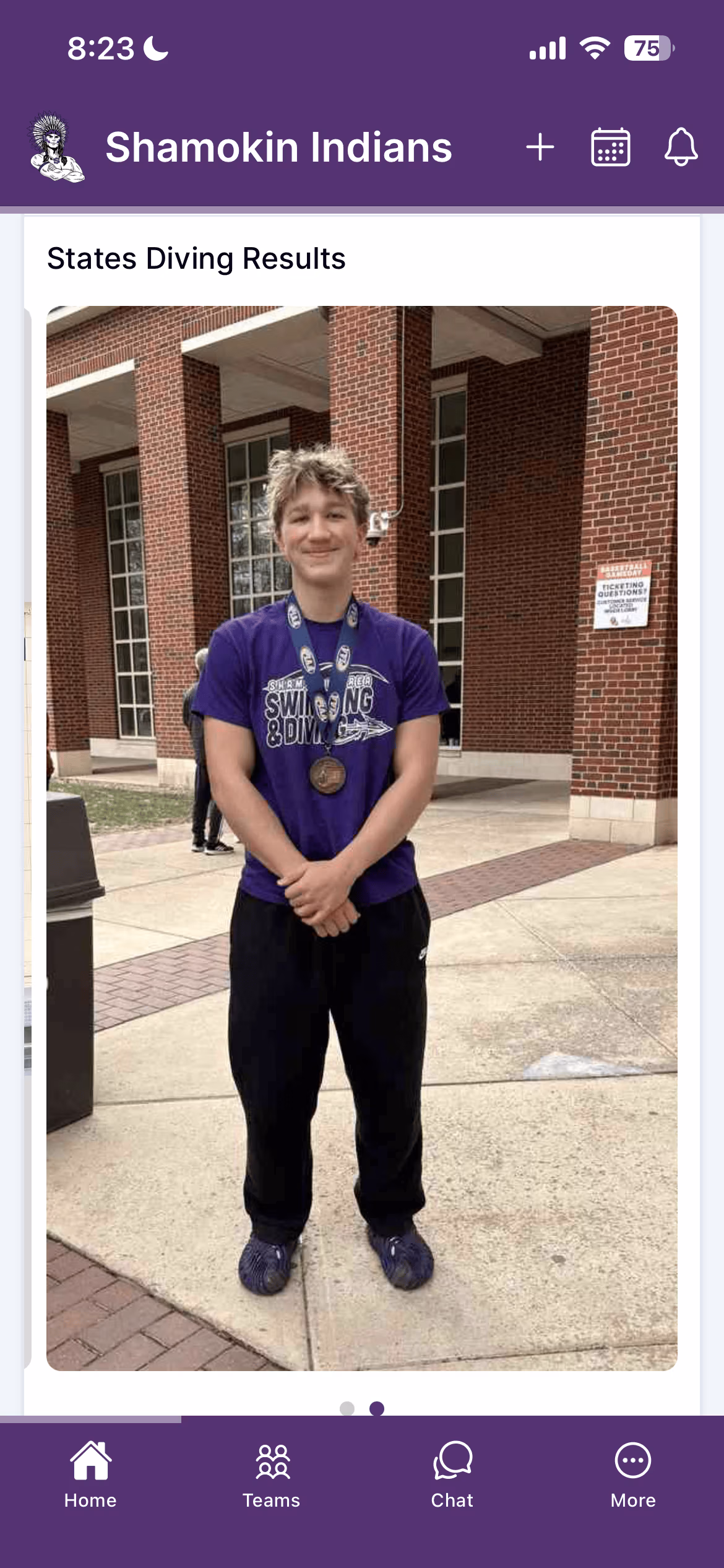 A Shamokin Indians post in the Ballfrog app — 'States Diving Results' with a diver wearing his medal outside the venue.